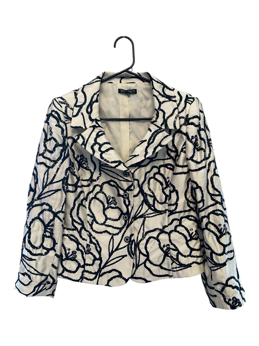 Tahari 100% Silk White Blazer with Black Sequined Floral Embroidery Size 8